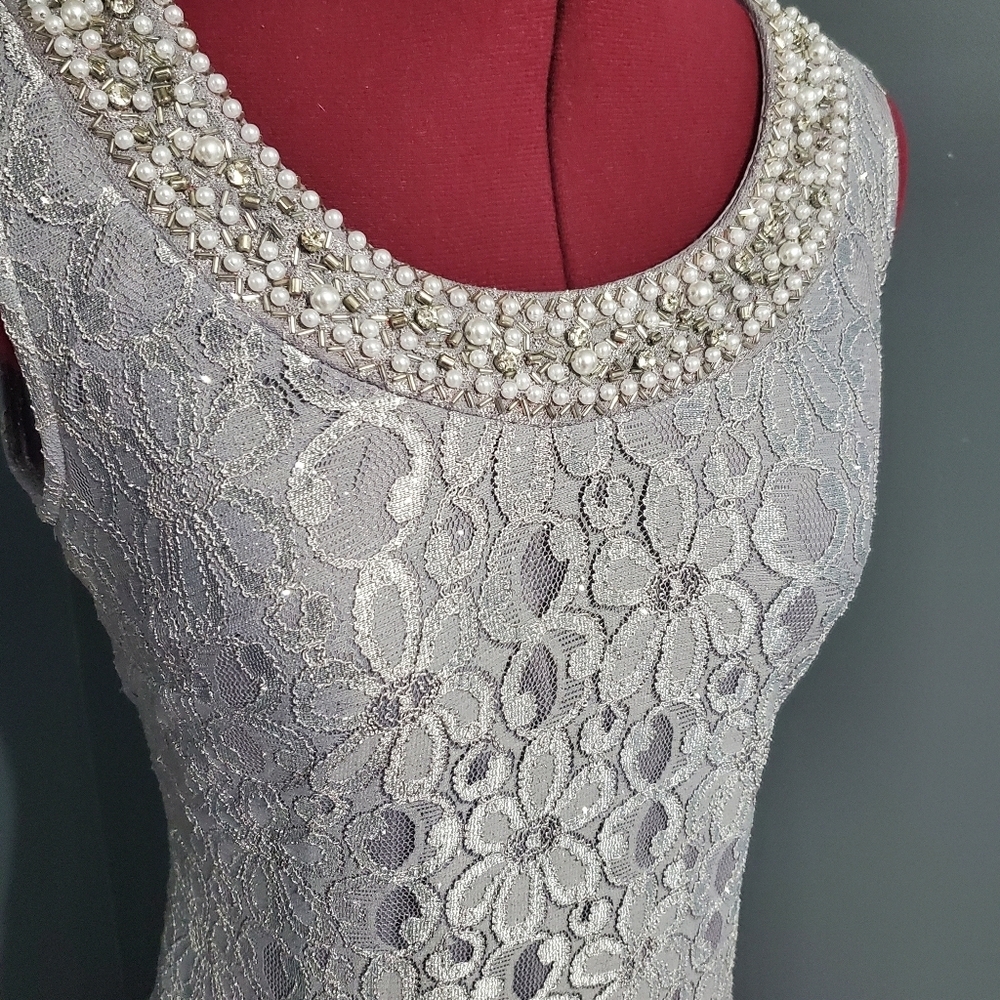 R & M Richards Silver Lace Sheath Dress Beaded Neckline Pull Over